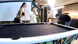 A threesome with two amazing latinas on a pool table