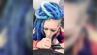 A lady in blue is getting her pussy pounded hard, she's all inked up with gothic dreadlocks swinging, and that's no ordinary blowjob that's emerging! - @GlaminoGirls's Sex Reel