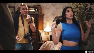 French Brunette with Fake Enhanced Huge Boobs Gets Her Nipples Sucked while Frozen in Time