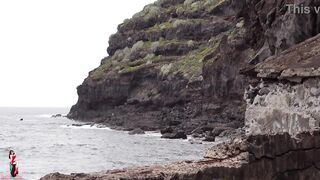 Influencer fucks on the cliffs with two hands in her ass