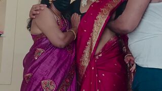 Sisters enjoying threesome romance in bed with neighbour batchelor men