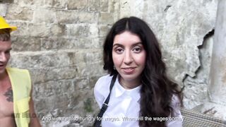 Three workers fucked a fragile boss at a construction site.