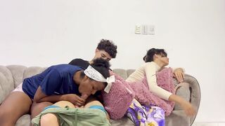 My girlfriend's cuckold doesn't realize that I sneak her best friend and pour my cream inside.