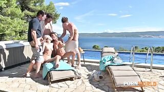 Horny girlfriends invite guys for a group sex by the pool ????