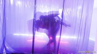 Hot brunette in tight lingerie is dancing in purple tape ????