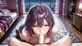 Bedroom Purple-Haired Golden-Eyed Beauty Pink Top Black Boots Blowjob to Passionate Ride with Massive Creamy Ass Finish
