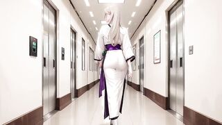 White Kimono Maid! Kneeling in the Japanese Corridor, Huge Slit Revealing Wet Thighs Under the Sun.