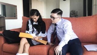 The schoolboy helps with the lessons of his classmate and sticks to her and fucks her little ass