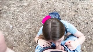 POV Amateur brunette gives sensual blowjob in the forest & cum in her throat